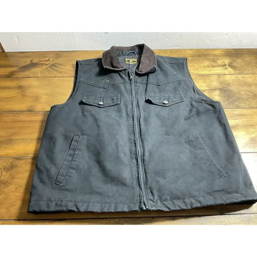 Wyoming Traders Western Black Vest Conceal Carry Full Zip Large Corduroy Collar
